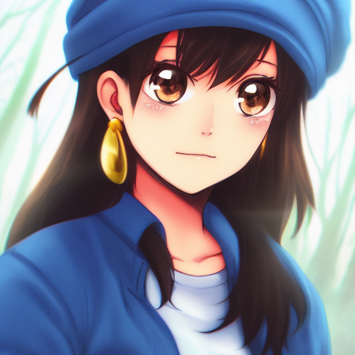 AI-generated anime girl with blue shirt and beanie